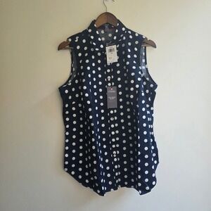 Chaps No Iron Sleeveless Button Down Shirt Navy‎ White Polka Dot 1X Blouse NWT